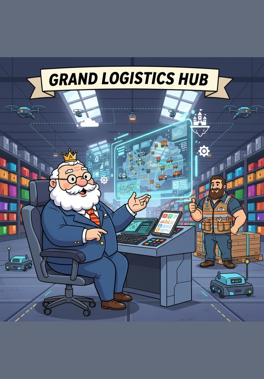 Arthur sits at his glowing command console, carefully reviewing a master mission file that contains the names of expert drivers and specialized technicians. The air hums with the energy of the Grand Logistics Hub as he prepares to launch the day's most important operation.