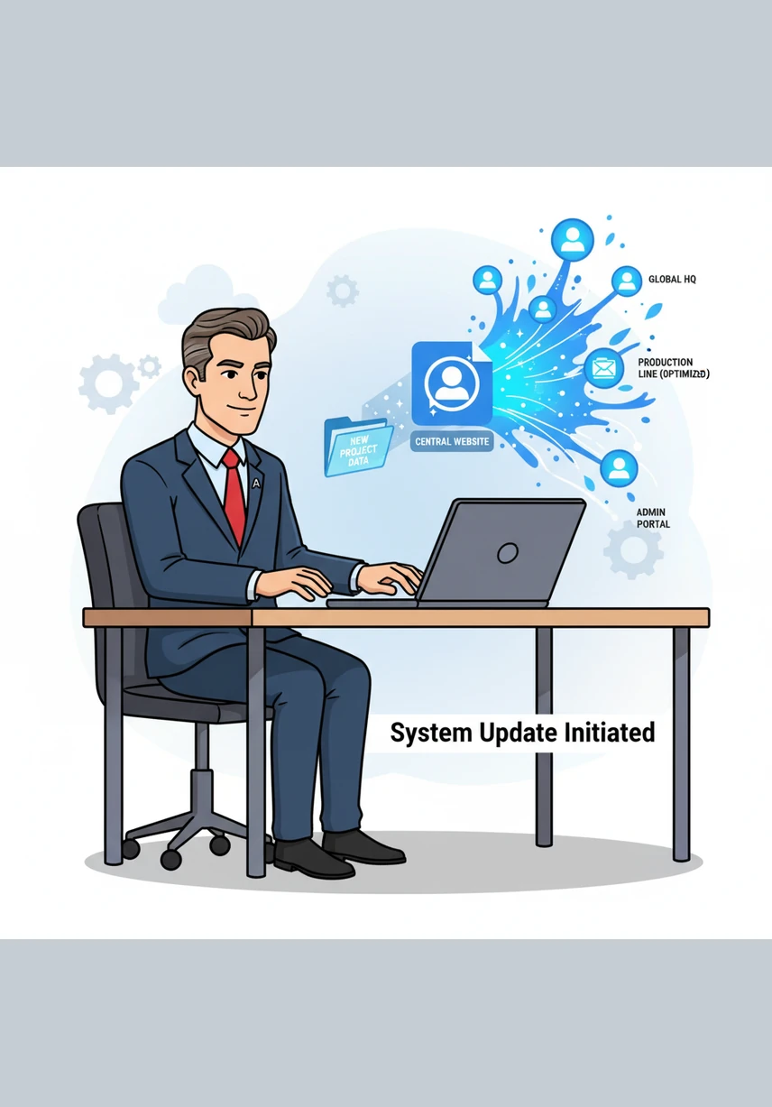 With a focused expression, Arthur uploads the digital file into the Central Website, a shimmering portal of data that connects the office to the world beyond. The screen pulses with light as the system begins to process the complex instructions hidden within the code.