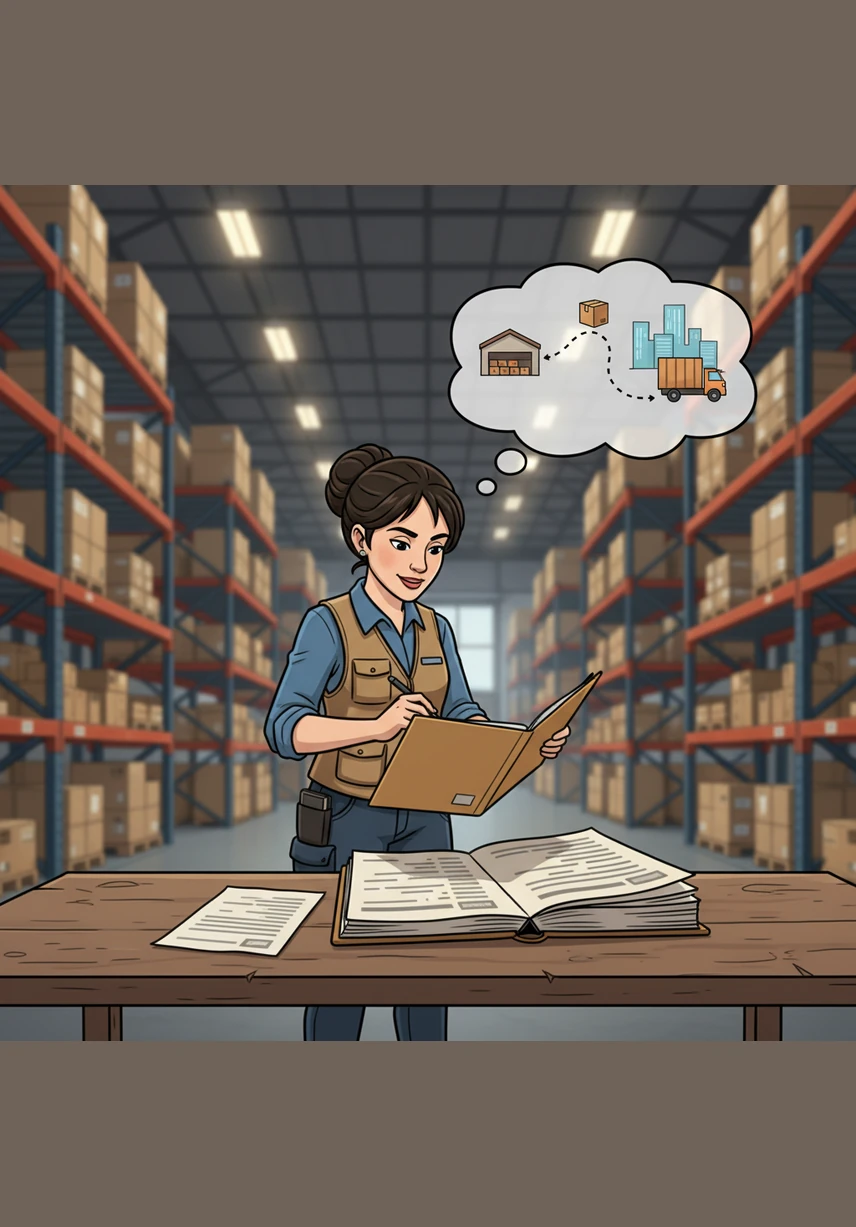 Inside the towering warehouse, Wanda the Manager receives the mission file and spreads it across her workbench. She carefully reads through the list of items, visualizing the journey the package will take once it leaves her care.