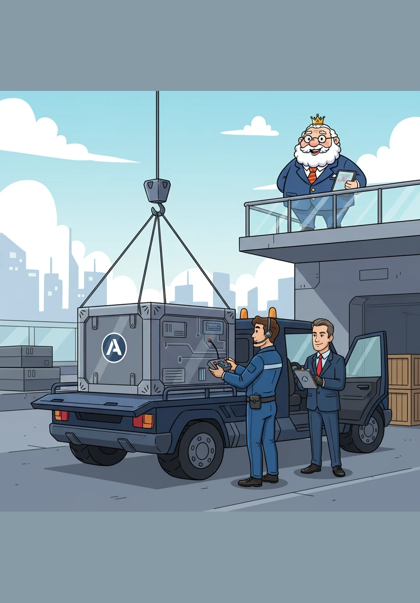 The mission crate is loaded onto the transport vehicle as the driver and technician prepare for departure. Arthur watches from the observation deck, proud of how a simple file was transformed into a ready-to-go mission through smart planning and teamwork.