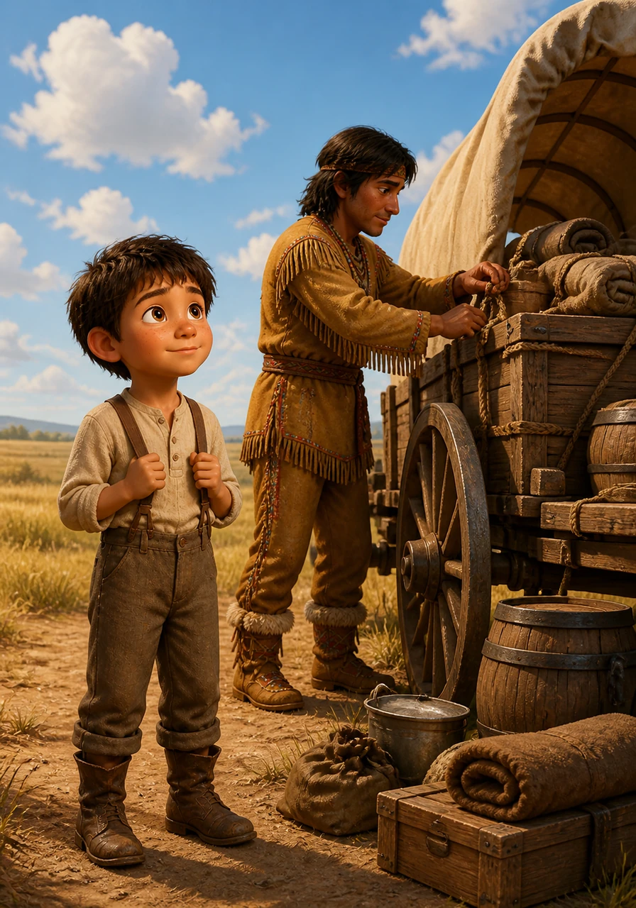 Thomas watches his father pack the heavy wooden wagon under a bright Missouri sun, feeling a flutter of excitement in his chest. He dreams of the golden fields and endless skies his parents promised were waiting for them at the end of the long trail.