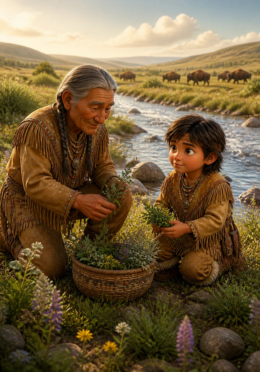 Far across the rolling plains, Alowan helps his grandfather gather herbs near a sparkling river that has sustained their people for generations. They move with the seasons, following the buffalo and honoring the spirits of the earth, seeing the land as a sacred relative rather than a prize to be owned.