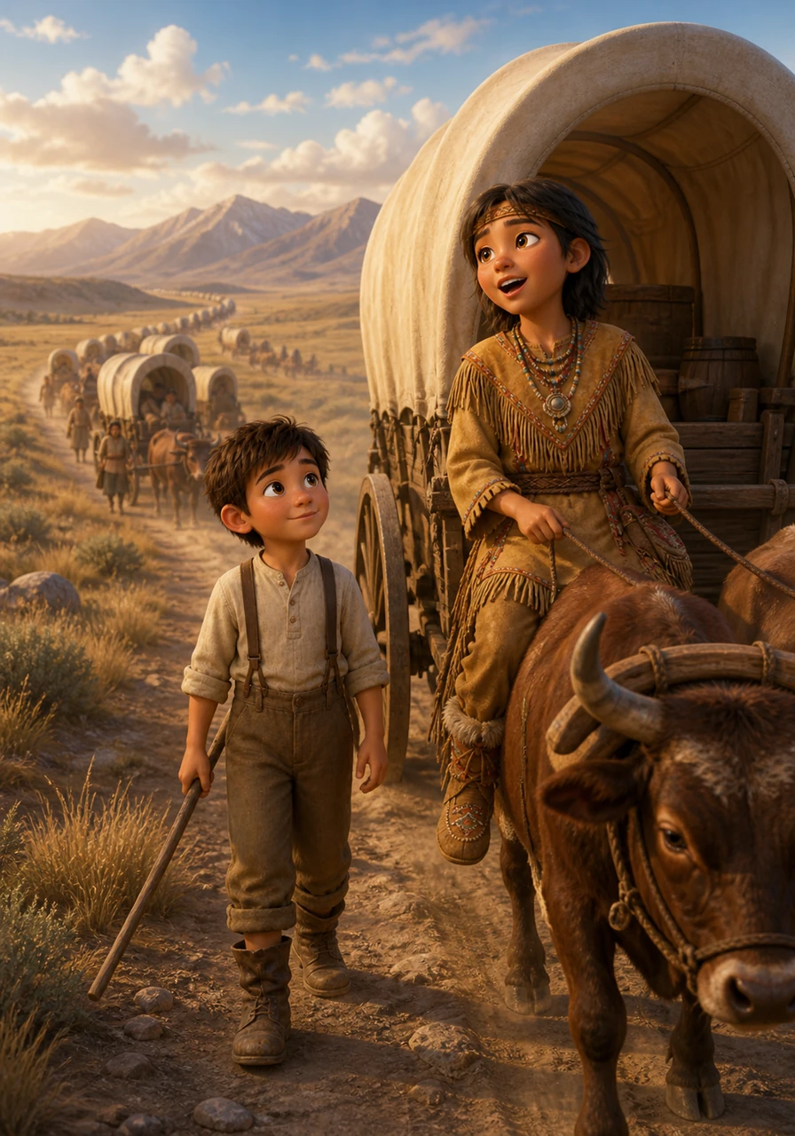 The wagon train stretches like a long, dusty ribbon across the prairie, moving slowly toward the distant mountains. Thomas walks beside the oxen, his boots wearing thin, while his mother sings songs about building a new home and a bright future for their family in the West.