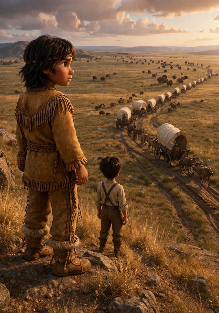 From a high ridge, Alowan watches the strange white-topped wagons carve deep, permanent ruts into the tall prairie grass. He notices the great buffalo herds moving further away and feels a growing shadow of worry about how these newcomers will change the balance of his world.