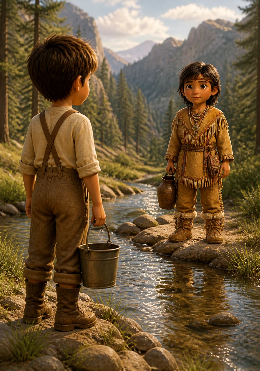 One afternoon, Thomas and Alowan lock eyes across a narrow creek while both are searching for fresh water. There is a moment of quiet curiosity between the two boys, both wondering about the life the other leads in this vast and beautiful wilderness.