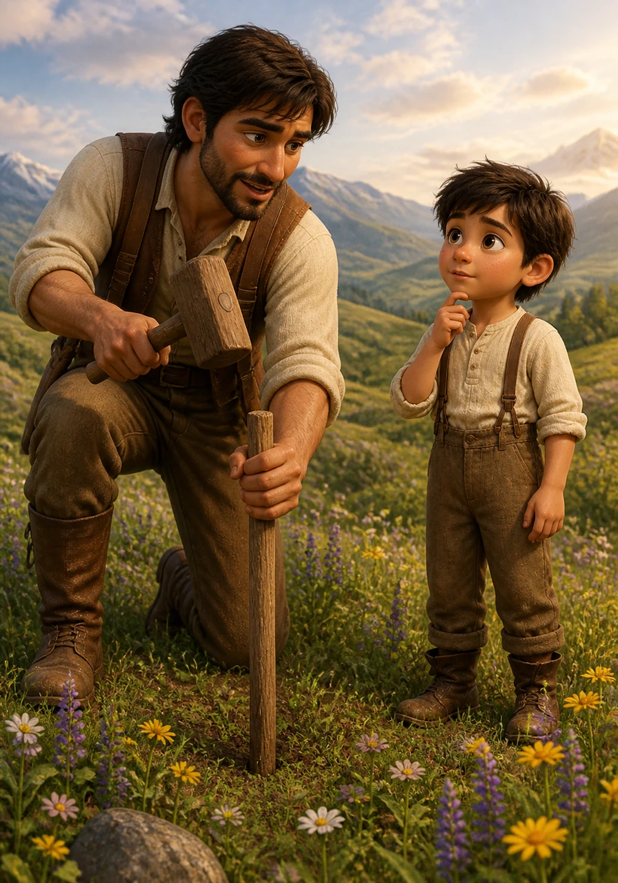Thomas’s father hammers a wooden stake into the earth, claiming a patch of land for their new farm and family garden. He speaks of a destiny to grow and build, while Thomas looks at the beautiful wildflowers and wonders if the land was truly empty before they arrived.