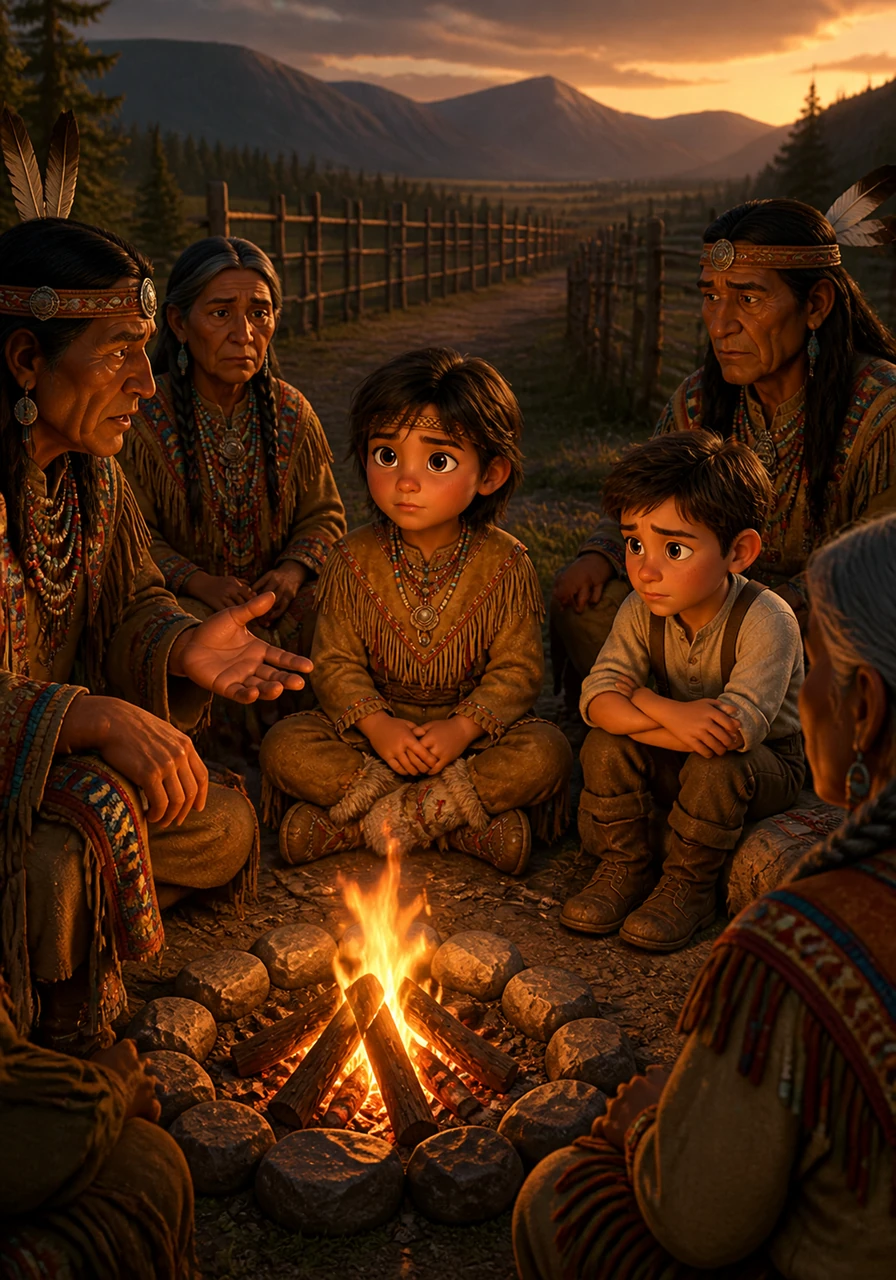 Alowan sits by the council fire as the elders speak of broken promises and new fences that block their ancient hunting paths. The vibrant colors of their traditional regalia contrast with the somber expressions on their faces as they realize their way of life is being pushed aside.