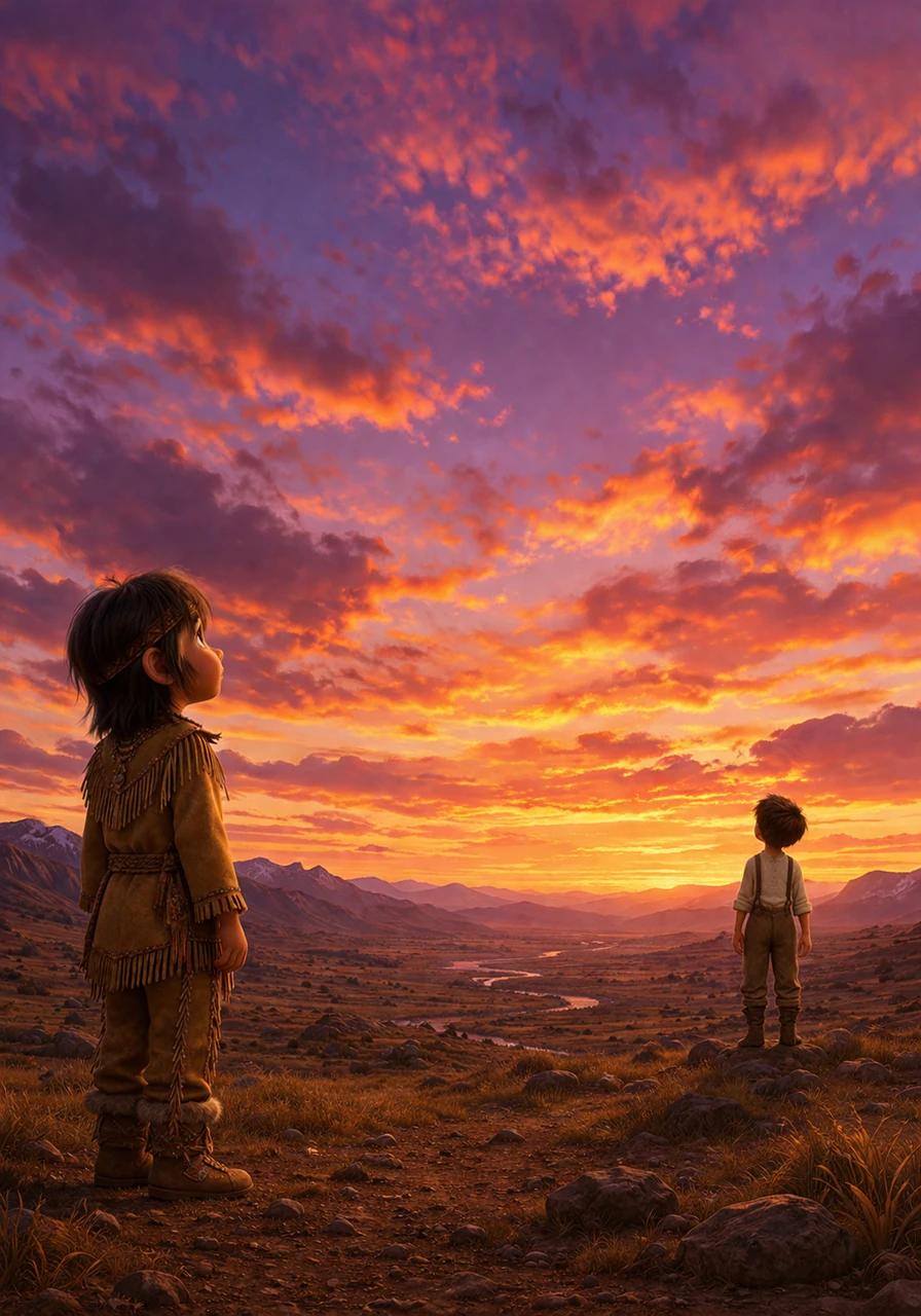 Thomas and Alowan stand miles apart, both looking up at the same vast sky painted with the orange and purple hues of sunset. They carry the stories of their ancestors in their hearts, understanding that the history of this land is a tapestry woven with both the light of hope and the shadows of loss.