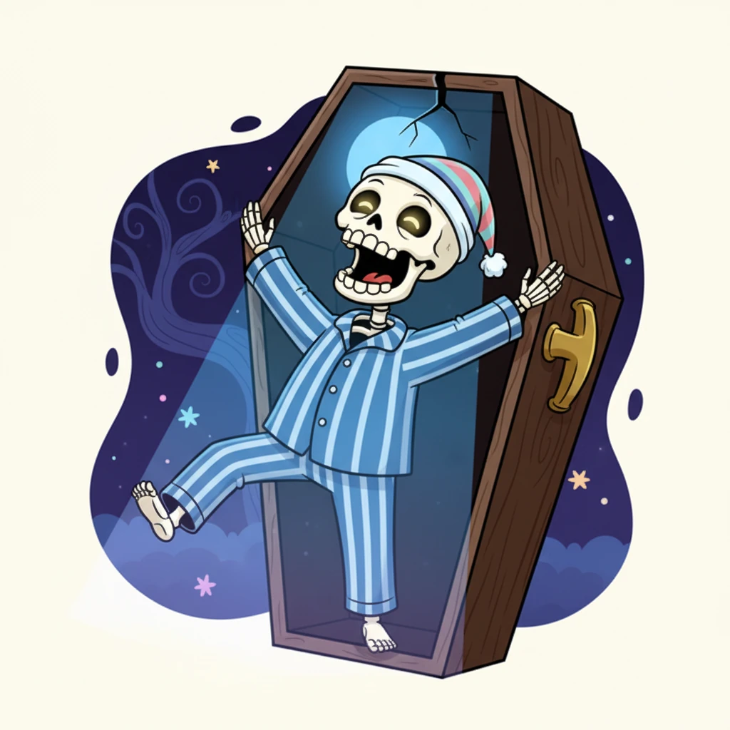 Bonesy, a rather dapper skeleton, stretches in his cozy coffin, a yawn escaping his jaw. He's been resting for ages and feels a mischievous itch to see the world outside. Moonlight peeks through a crack, hinting at a vibrant night.