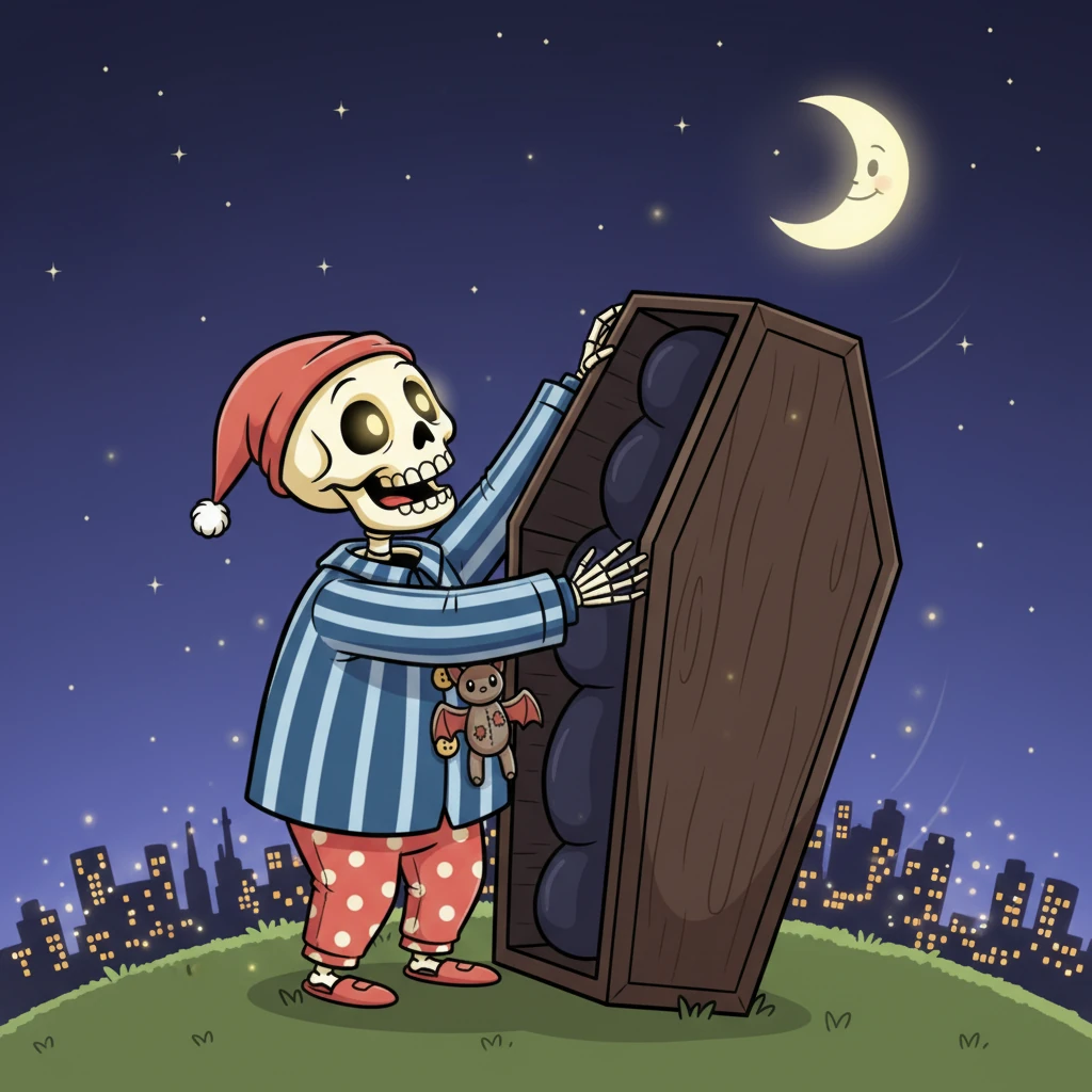 With a gentle creak, Bonesy pushes open the lid of his coffin, his boney fingers wiggling with excitement. He peeks out, his empty eye sockets wide with wonder at the twinkling city lights in the distance. The world beyond his resting place looks incredibly inviting.
