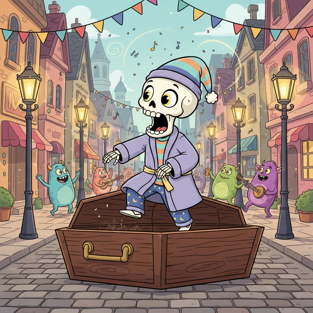 Clink-clank! Bonesy carefully steps out of his coffin, his bone feet landing softly on the cool ground. He finds himself on a colorful, bustling city street, filled with glowing lampposts and distant music. His jaw drops in awe at the lively spectacle.
