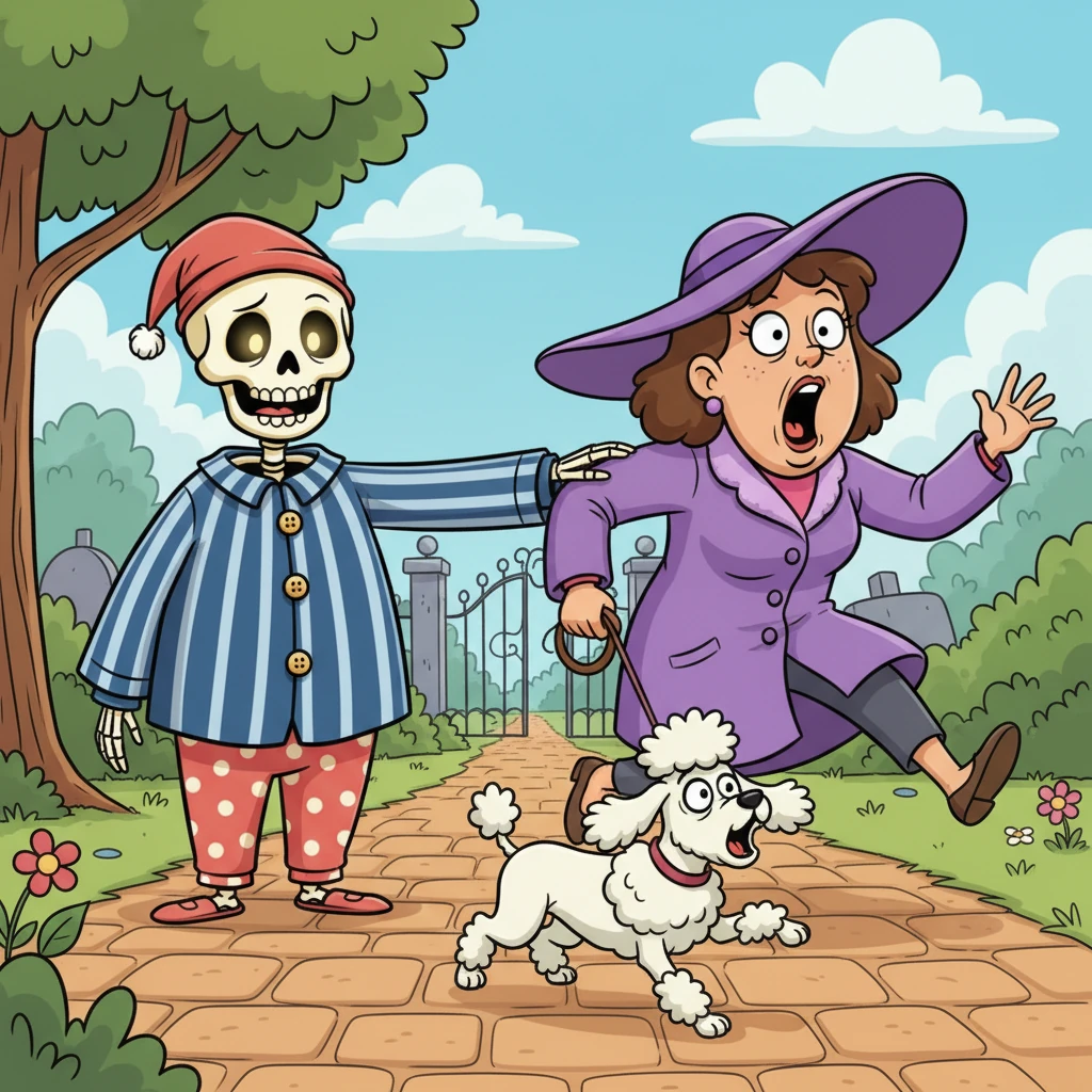 Eager to explore but unsure where to go, Bonesy spots a kind-looking lady walking her fluffy poodle. He politely taps her on the shoulder, ready to ask for directions to the cemetery, but she lets out a cartoonish shriek and dashes away, her poodle yapping wildly.