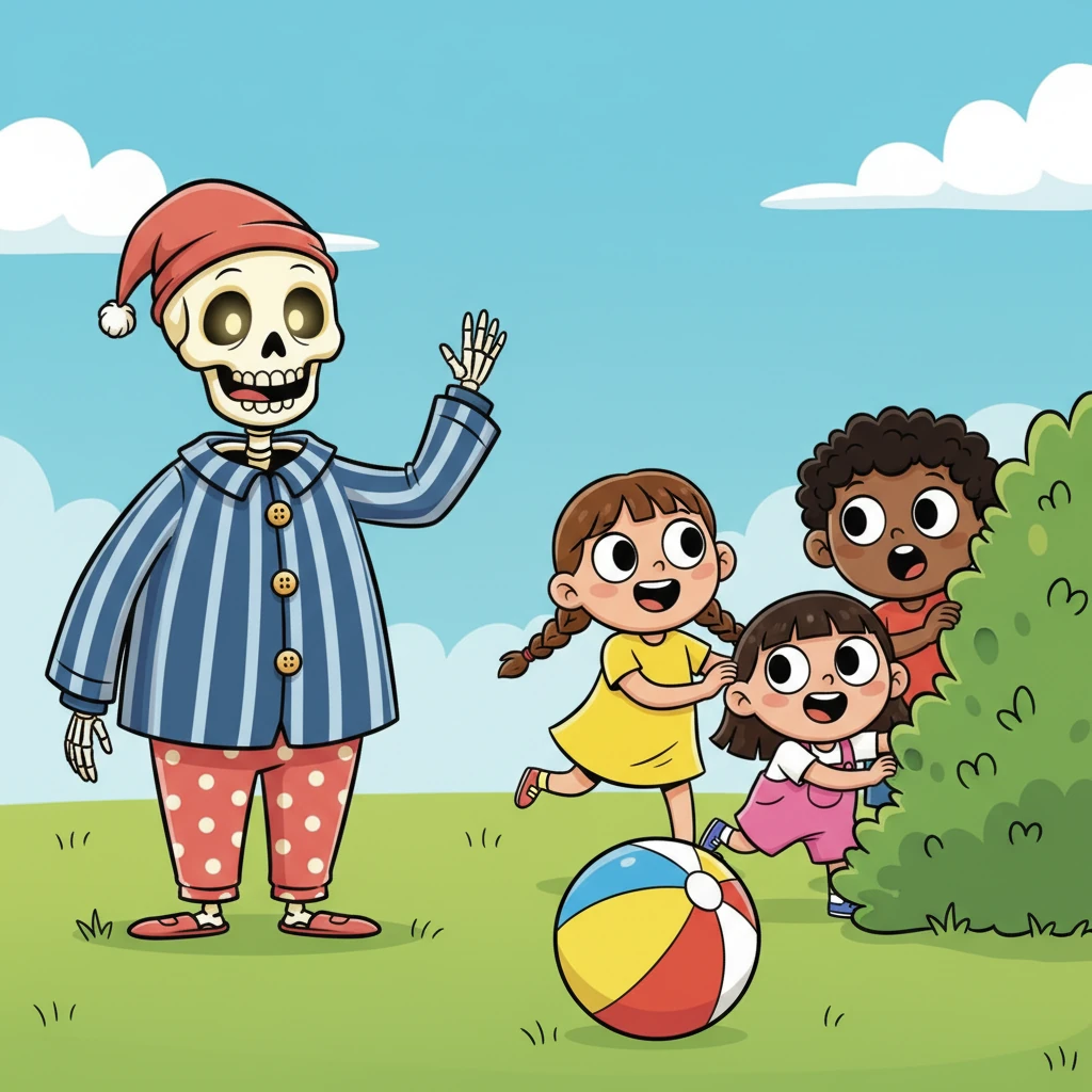 Undeterred, Bonesy approaches a group of children happily playing with a brightly colored ball. He waves a friendly bony hand, hoping they might know the way. Instead, their eyes grow wide like saucers, and they scatter in every direction, giggling nervously as they hide behind a big bush.