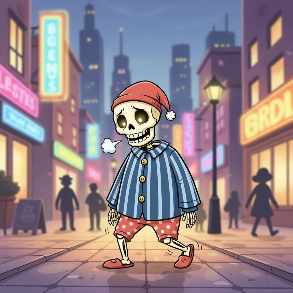 A little disheartened, Bonesy shuffles along the lively sidewalk, his bones making a soft clatter with each step. The city's vibrant lights blur as he realizes he's truly lost, with no idea how to get back to his quiet cemetery. He lets out a small, worried sigh.