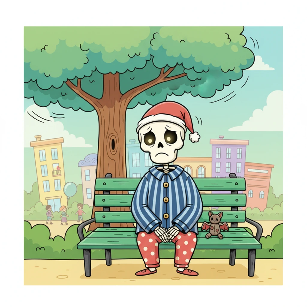 Spotting a bright green park bench under a swaying tree, Bonesy decides to take a rest. He plops down with a gentle thud, his shoulders slumped. He watches the cheerful city go by, feeling a pang of loneliness in his hollow chest.