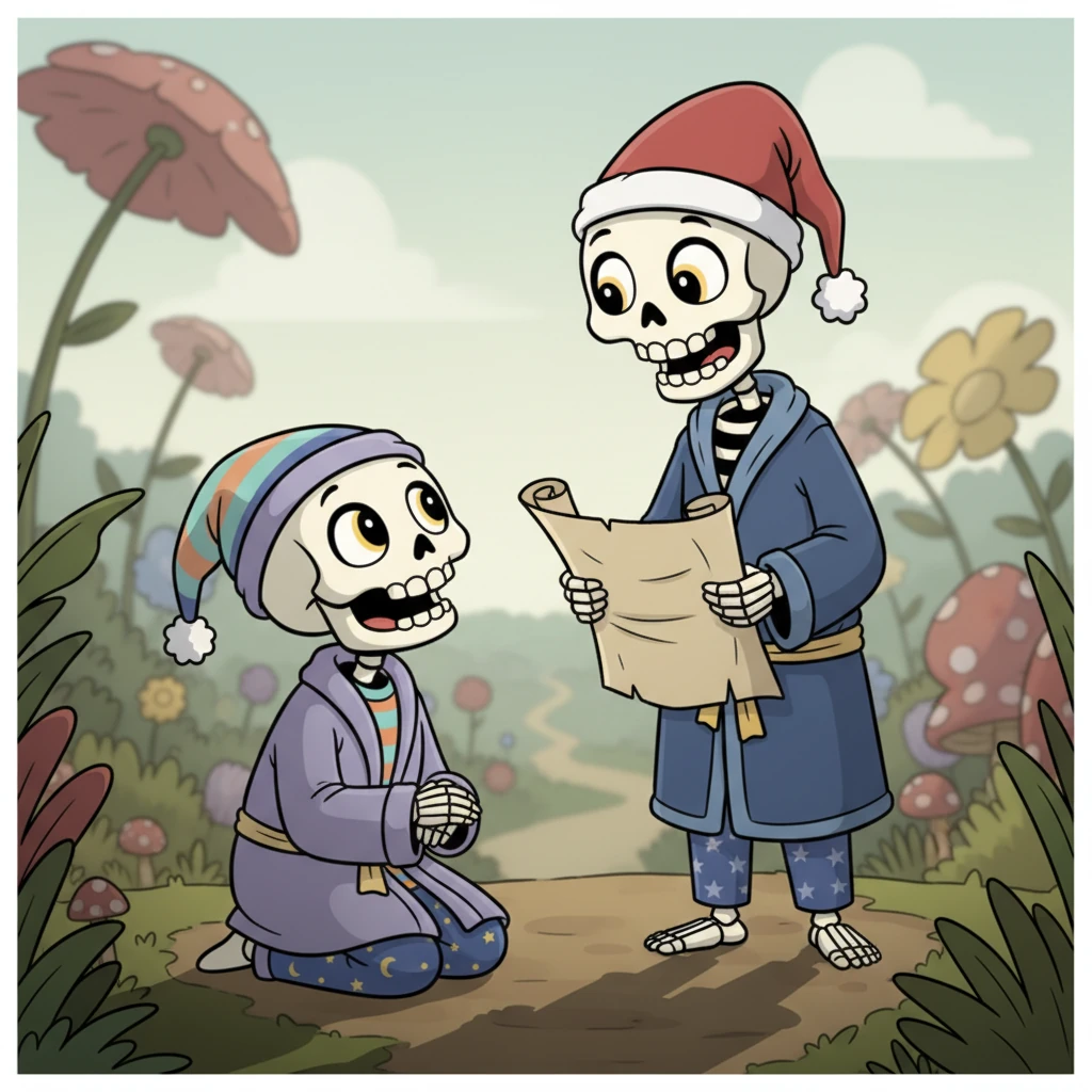 Suddenly, a tall, familiar shadow falls over Bonesy. He slowly looks up, and his eye sockets widen again, not with fear, but surprise. Standing before him is another friendly skeleton, even taller and holding a rolled-up map!