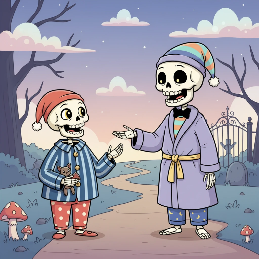 The new skeleton, who looks quite smart with a little bowtie, offers a warm, bony smile. "Lost your way to the cemetery, friend?" he asks kindly, his voice a gentle rattle. Bonesy's heart, if he had one, would have leaped with joy.