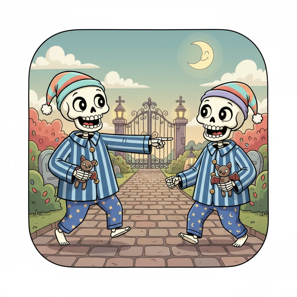 Bonesy nods his head so fast it almost wiggles off! The friendly skeleton points a long finger down the street, indicating the path. "Come on," he says, "I'll show you the way!" And together, the two new friends clink-clank happily towards the peaceful cemetery.