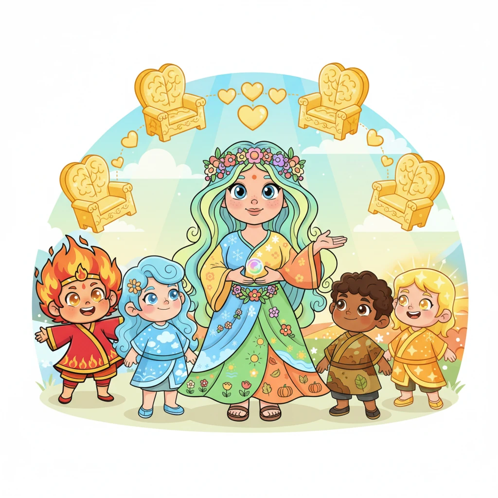Mother Nature, with a gentle smile and robes like blooming flowers, gathered her five unique children, the elements, around her. She explained that her vast kingdom of twelve months would be shared, each child receiving their own special time and a unique throne made from the body's wisdom.