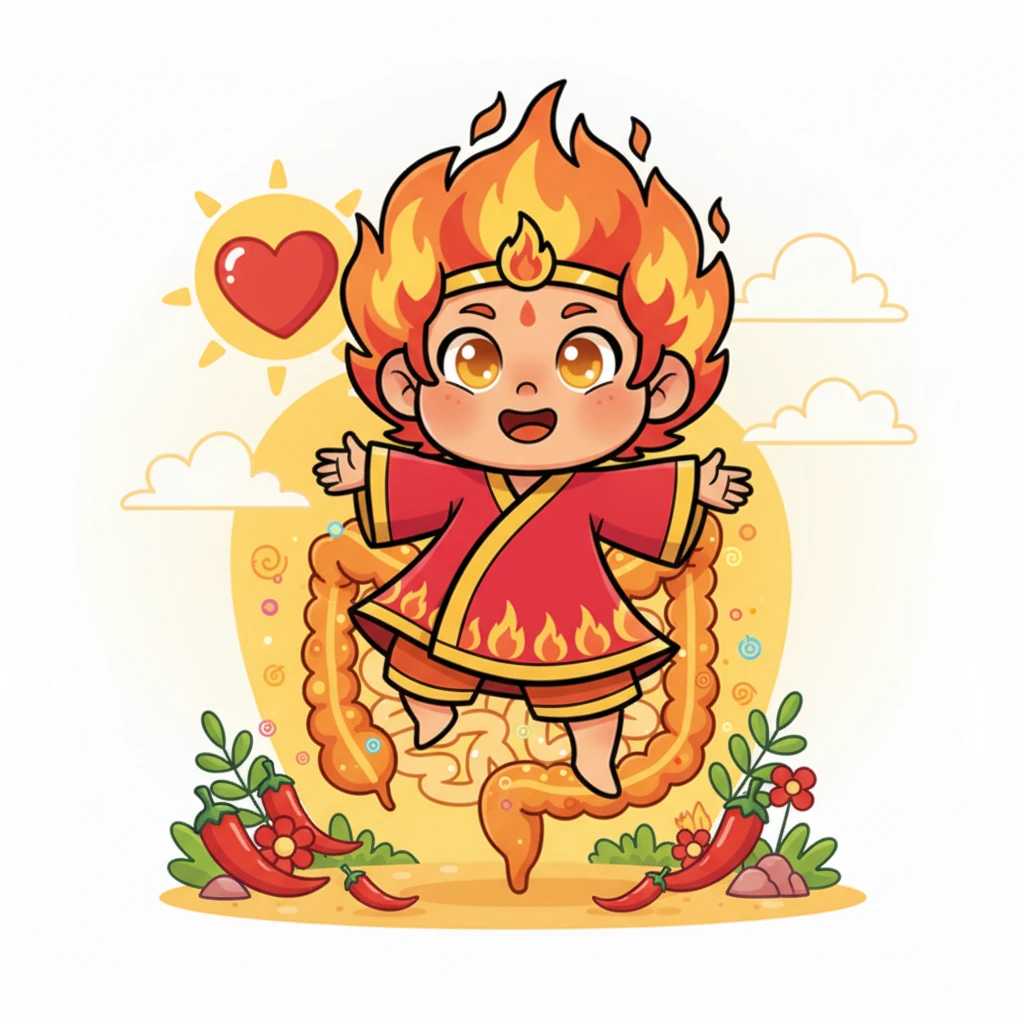 Agni, the fiery warrior, blazed with youthful energy, a magnificent swirl of red and orange, bringing the intense, spicy heat of summer. He saw the world with fierce, bright eyes, and his throne was the strong heart and busy small intestine, active during midday.