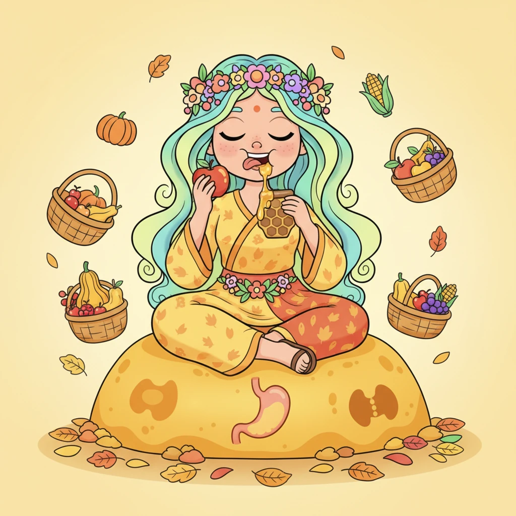 Prithvi, the patient Earth daughter, radiated comforting yellow, embodying the sweet, nurturing embrace of autumn. She connected to the world through her sense of taste, her tongue savoring every flavor. Her steady throne was the stomach and spleen, active during the morning.