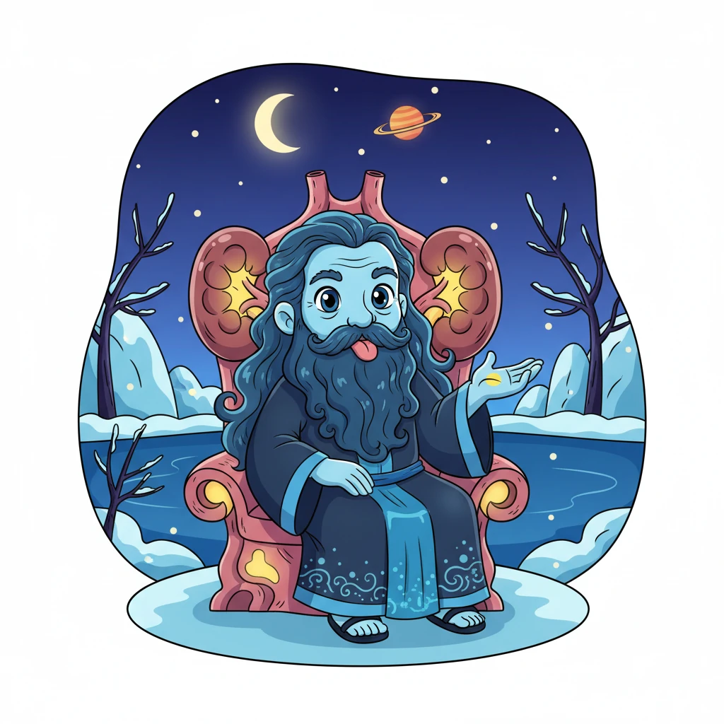 Jal, the wise Water elder, flowed with gentle blue and black hues, bringing the salty, deep stillness of mid-winter. He felt the world through his tongue, understanding all its currents. His throne was the bladder and kidneys, busy in the afternoon. When he needed balance, a yellow spot on his palm helped him. Venus and the Moon were his calm companions.