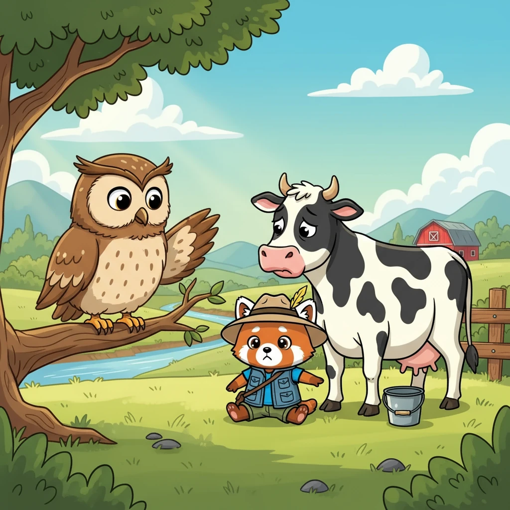 Distraught, Mimi realized her mistake. The wise old owl explained that she must perform good deeds to earn her tail back. First, Mimi encountered a sad cow whose milk wouldn't flow. Mimi, remembering her own selfishness, offered to help, promising to find a solution.