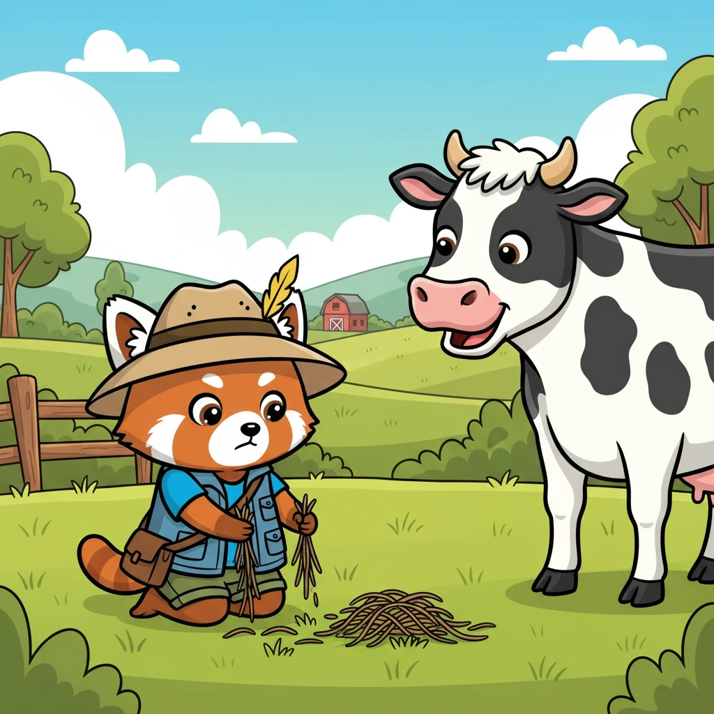 Mimi, with her newfound determination, noticed the cow needed fresh grass. She found a patch of lush green grass and carefully pulled up the weeds. The cow, grateful for the tasty meal, mooed happily, and a tiny bit of Mimi's tail reappeared.