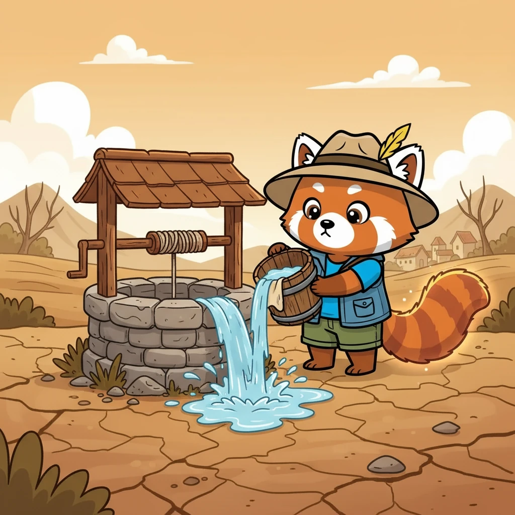 Next, Mimi saw a well that had run dry. She remembered the importance of sharing. Mimi found a way to clean and fill the well. As the water gushed, another piece of her tail magically returned, making her even more determined.