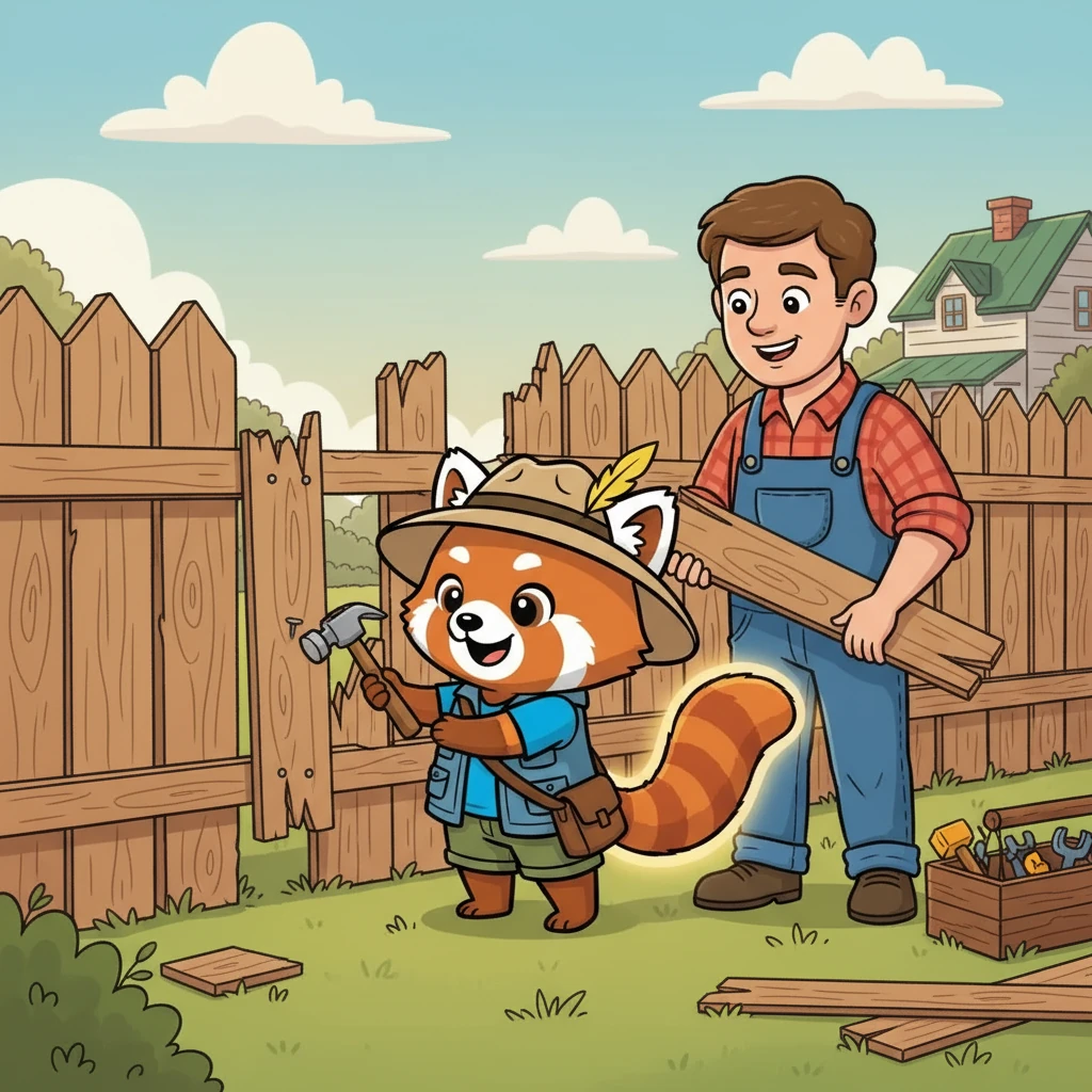 A carpenter needed help with a broken fence. Mimi, remembering her responsibility, helped the carpenter by fetching wood. With each nail she hammered, another piece of her tail appeared. The carpenter, impressed, offered Mimi a reward, and she knew she was on the right path.