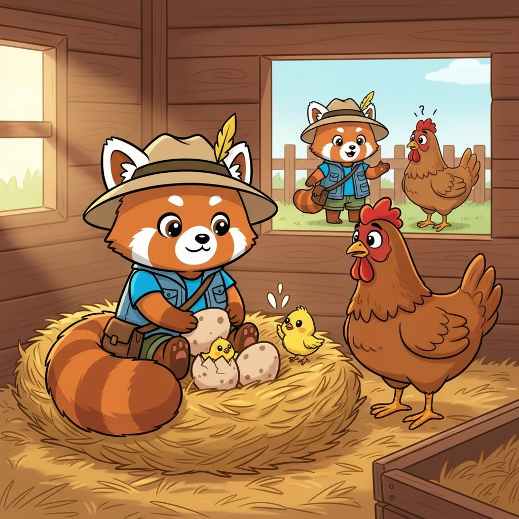 Finally, Mimi helped a hen whose eggs wouldn't hatch. Mimi, understanding the value of hard work, sat patiently on the eggs, keeping them warm. When the chicks hatched, Mimi’s tail was fully restored. Mimi returned to her neighbor, apologized, and learned a valuable lesson about honesty and kindness.