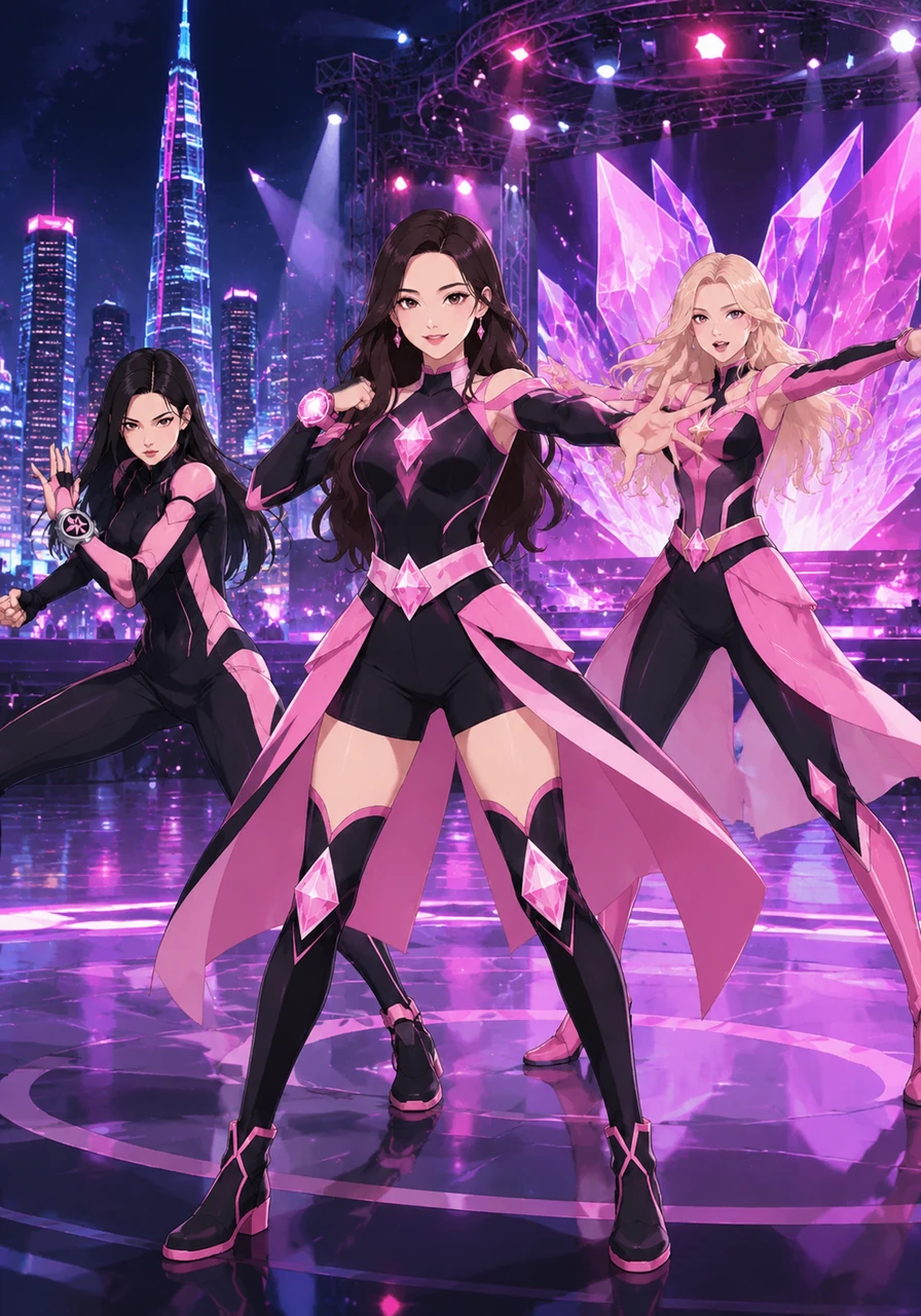 Under the bright neon lights of Seoul, Jisoo, Jennie, Rosé, and Lisa are rehearsing on a massive stage. The atmosphere is electric as they prepare for their biggest concert yet, surrounded by shimmering lights and the hum of the city.