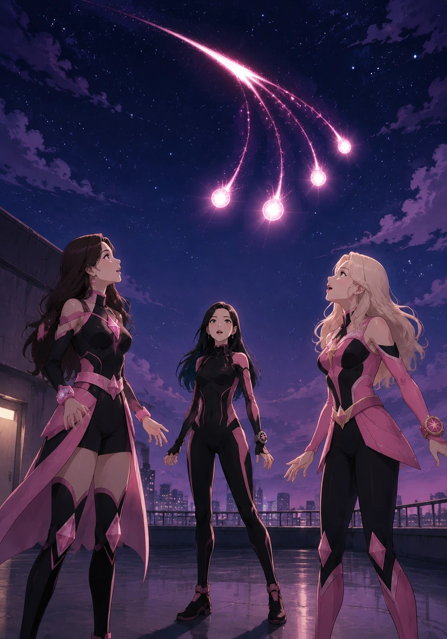 As night falls, a magnificent shooting star streaks across the velvet sky, suddenly splitting into four distinct glowing orbs. These magical lights descend gently from the heavens, seeking out the four singers in the quiet moments after their practice.