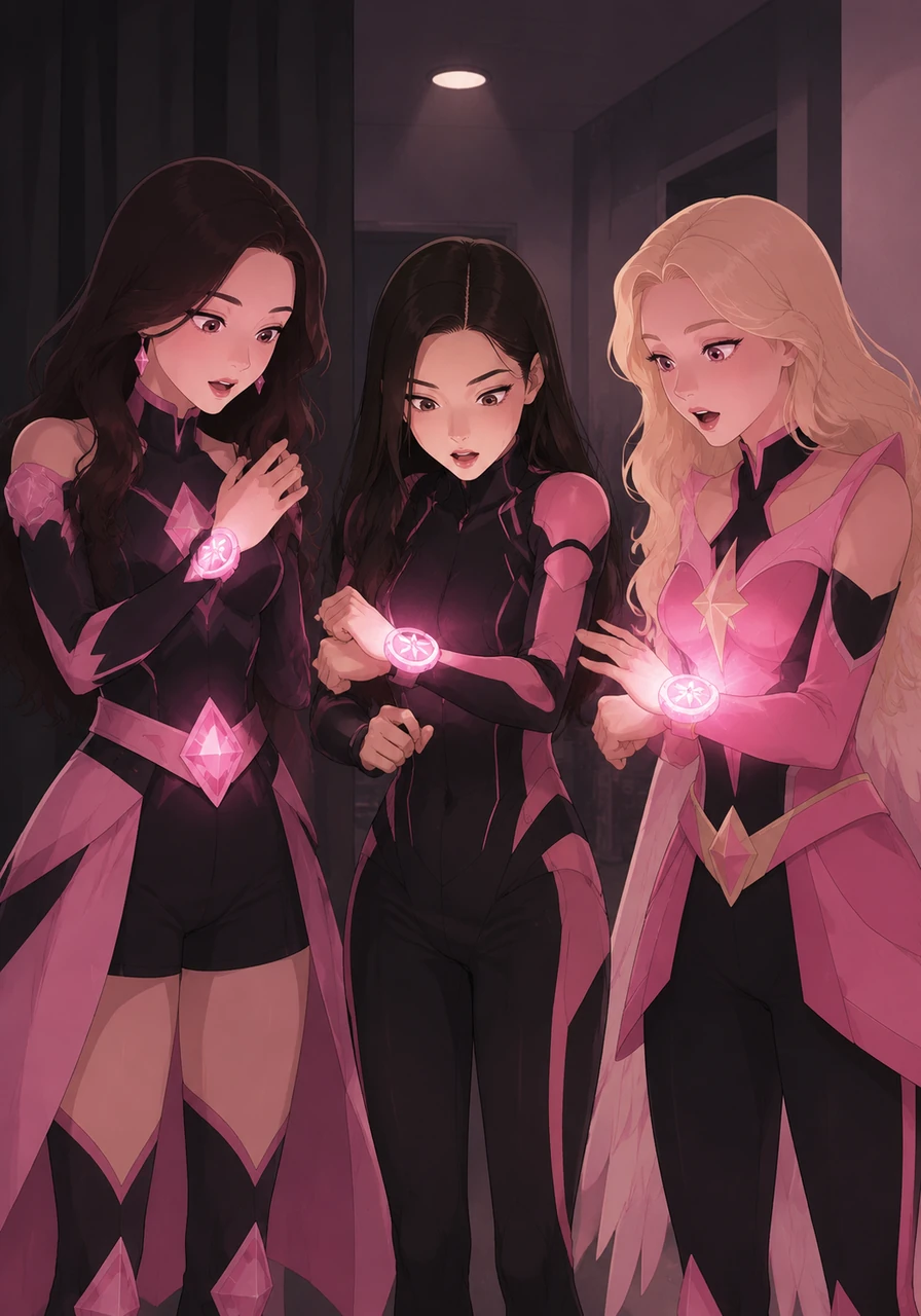 Backstage, the girls stare in awe as mysterious, glowing symbols materialize on their matching bracelets. Jennie looks at her wrist with wide eyes while Rosé feels a surge of magical energy, realizing their lives have changed forever.