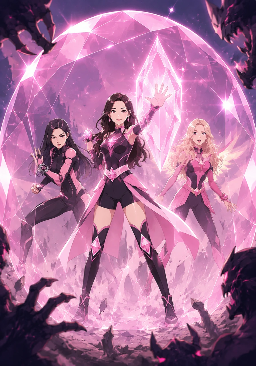Jisoo discovers her role as the Crystal Guardian, raising her hand to conjure a shimmering, multifaceted shield of pink diamonds. The protective barrier sparkles with a celestial light, proving she can keep any danger at bay.
