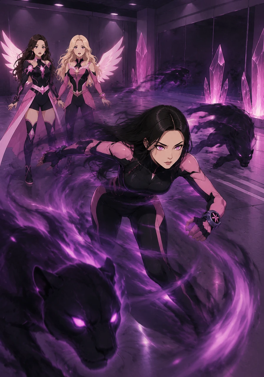 Jennie embraces her Shadow Panther agility, moving so fast she becomes a blur of dark purple mist. She practices weaving through the shadows of the practice room, her eyes glowing with newfound feline focus.