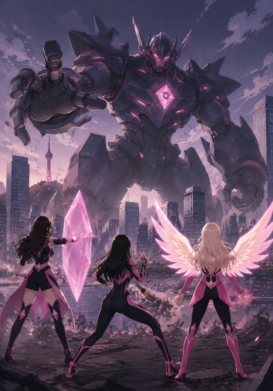 A massive, metallic robot named Dark Pulse emerges in the heart of Seoul, casting a long shadow over the skyscrapers. The Pink Guardians arrive on the scene in their heroic outfits, ready to defend their city against the mechanical giant.