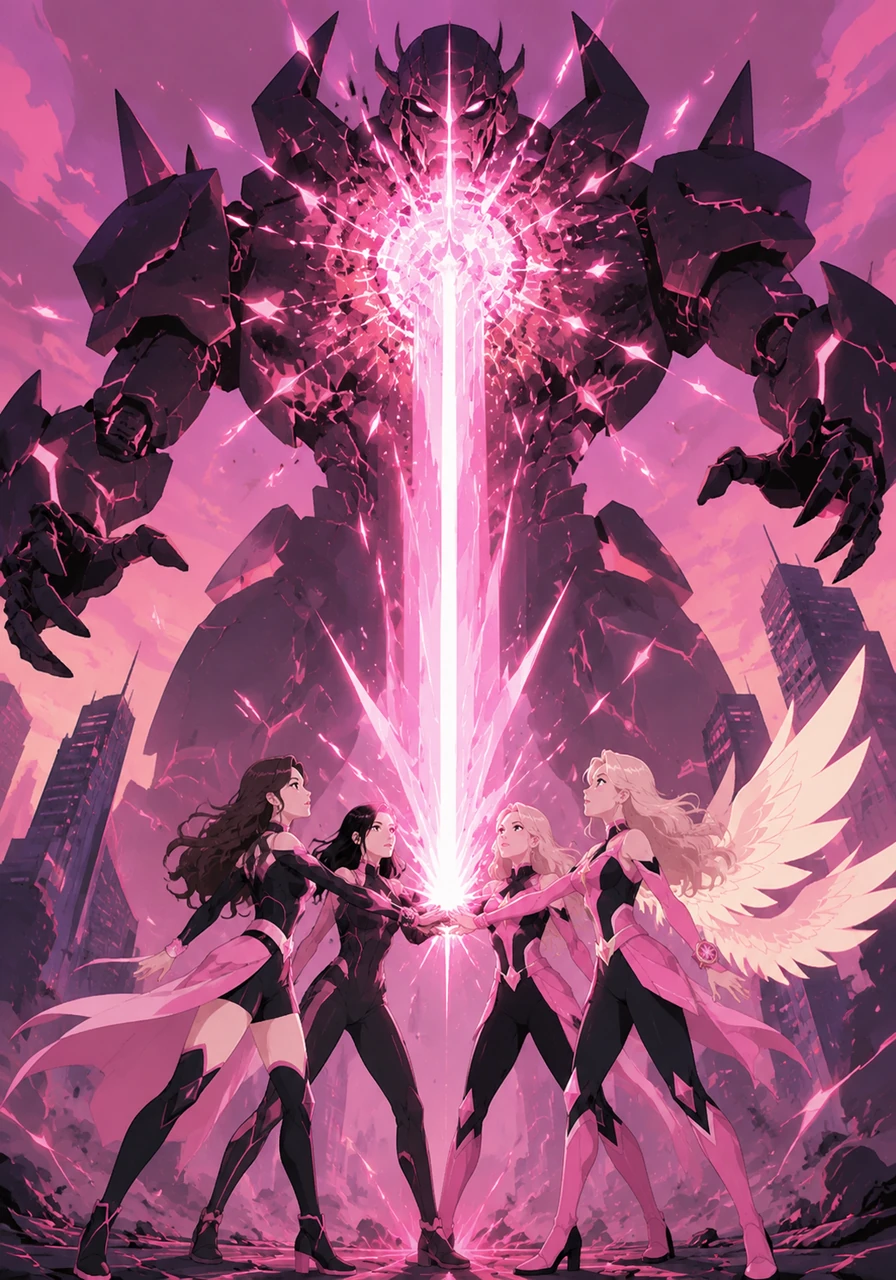 The four heroes join hands, channeling their unique energies into a single point of focus to create the Blackpink Star Beam. A colossal beam of brilliant pink light erupts from their combined strength, striking the core of the Dark Pulse robot and dissolving its dark energy.