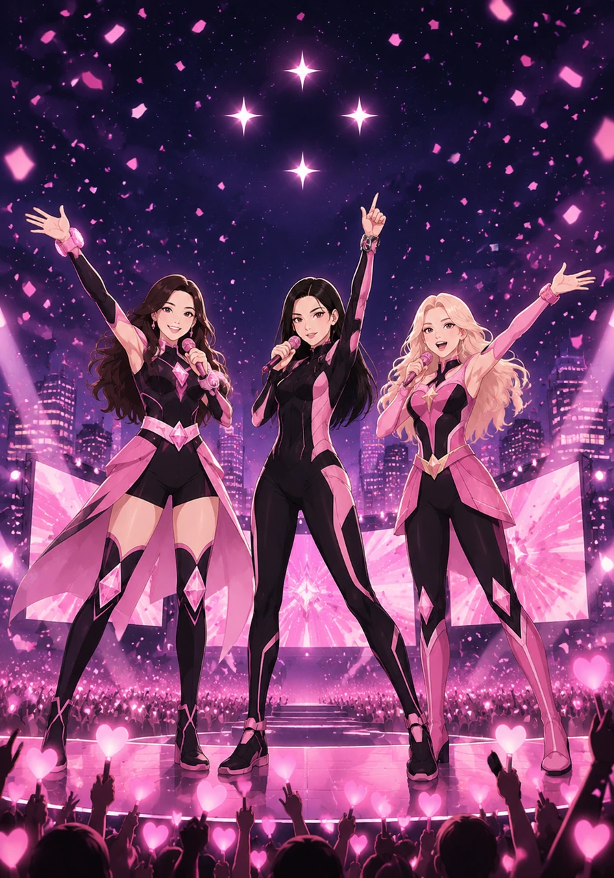 With the city safe, the members of BLACKPINK return to the stage to perform for their cheering fans under a shower of pink confetti. High above, four bright stars twinkle in the night sky, a secret reminder of the guardians who watch over the world through the power of friendship.