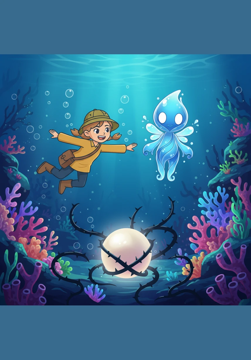 Taking a deep breath, Elara dove into the crystal-clear water and swam toward the lake's floor with the sprite by her side. Deep among the glowing coral, she found the Great Pearl entangled in dark, thorny vines that had grown from the shadows of the deep.