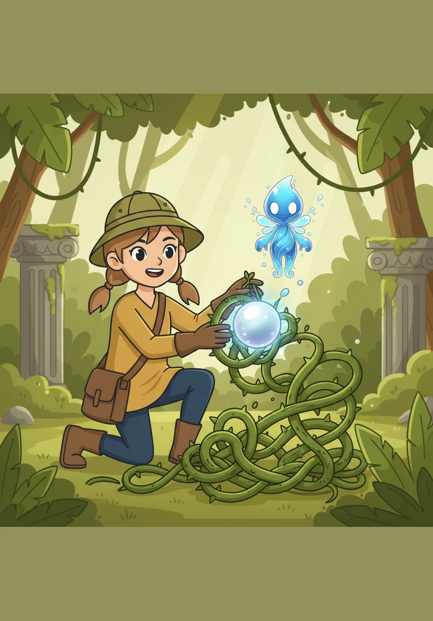 Working together with her tiny friend, Elara gently untangled the vines and lifted the heavy, glowing pearl back to the surface. As she carefully placed it back onto the stone pedestal, a massive surge of warmth and golden light rippled across the water.