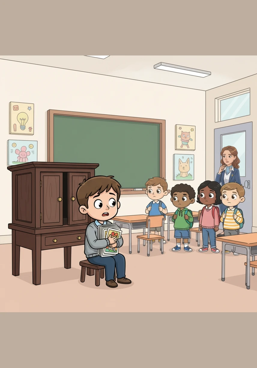 Nella vivace aula della 2B, Marco siede da solo vicino al teatrino Kamishibai di legno scuro. Tiene strette tutte le tavole illustrate tra le braccia, ripetendo a bassa voce che vuole fare tutto da solo, mentre i suoi compagni lo guardano da lontano.