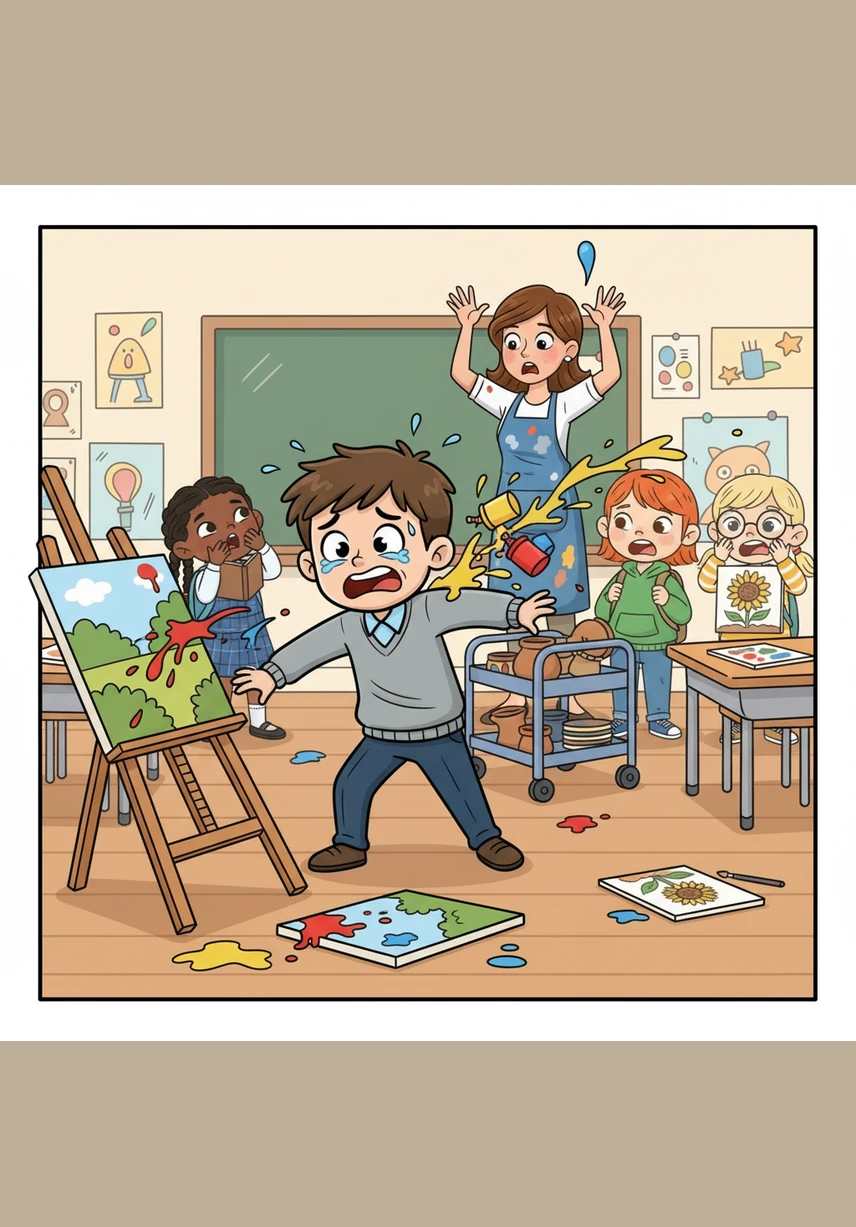 I compagni si avvicinano curiosi per vedere i disegni, ma Marco si agita e le schede colorate cadono a terra in un grande disordine. Le grida e la confusione riempiono la stanza, trasformando l'ora di arte in un momento di grande caos e frustrazione.