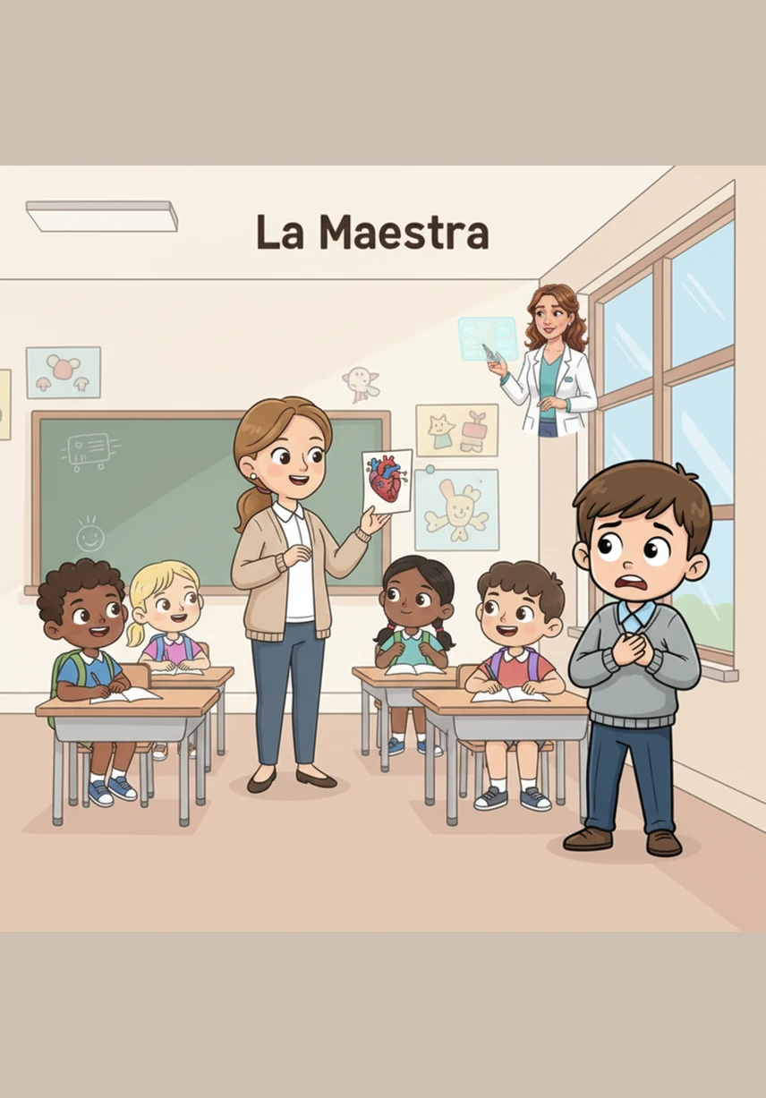 La maestra interviene con dolcezza e annuncia una gita speciale al laboratorio della dottoressa Chiara per imparare i segreti del cuore. Marco guarda fuori dalla finestra della scuola, sentendo il battito del suo cuore correre un po' troppo veloce per l'emozione e l'ansia.