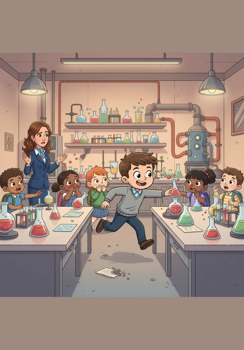 Il laboratorio è un posto meraviglioso pieno di luci soffuse, specchi e ampolle di vetro colorato, ma Marco non riesce a stare fermo. Corre tra i tavoli e tocca ogni cosa, portando il rumore e il disordine della classe anche in questo luogo che dovrebbe essere tranquillo.