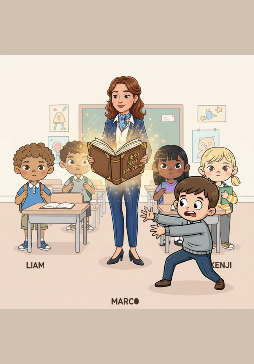 La dottoressa Chiara mostra alla classe un grande libro delle emozioni che brilla di una luce dorata quando viene aperto. Marco cerca subito di afferrare le pagine per girarle troppo in fretta, rischiando di rovinare la magia del racconto che sta per iniziare.