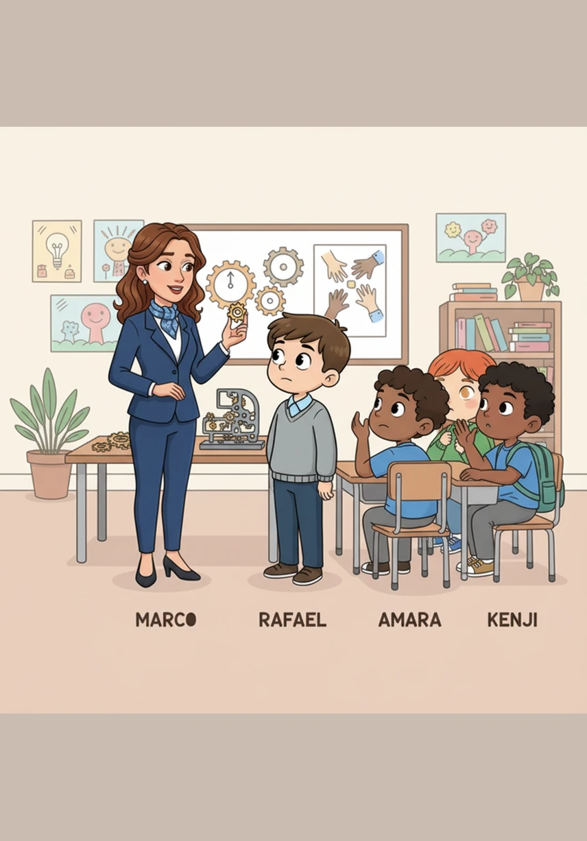 Con voce calma e rassicurante, la dottoressa spiega che ogni grande storia ha bisogno di tante mani diverse per essere raccontata bene. Mostra a Marco un piccolo ingranaggio e gli spiega che da solo non può far muovere l'intero orologio, proprio come accade in una classe.