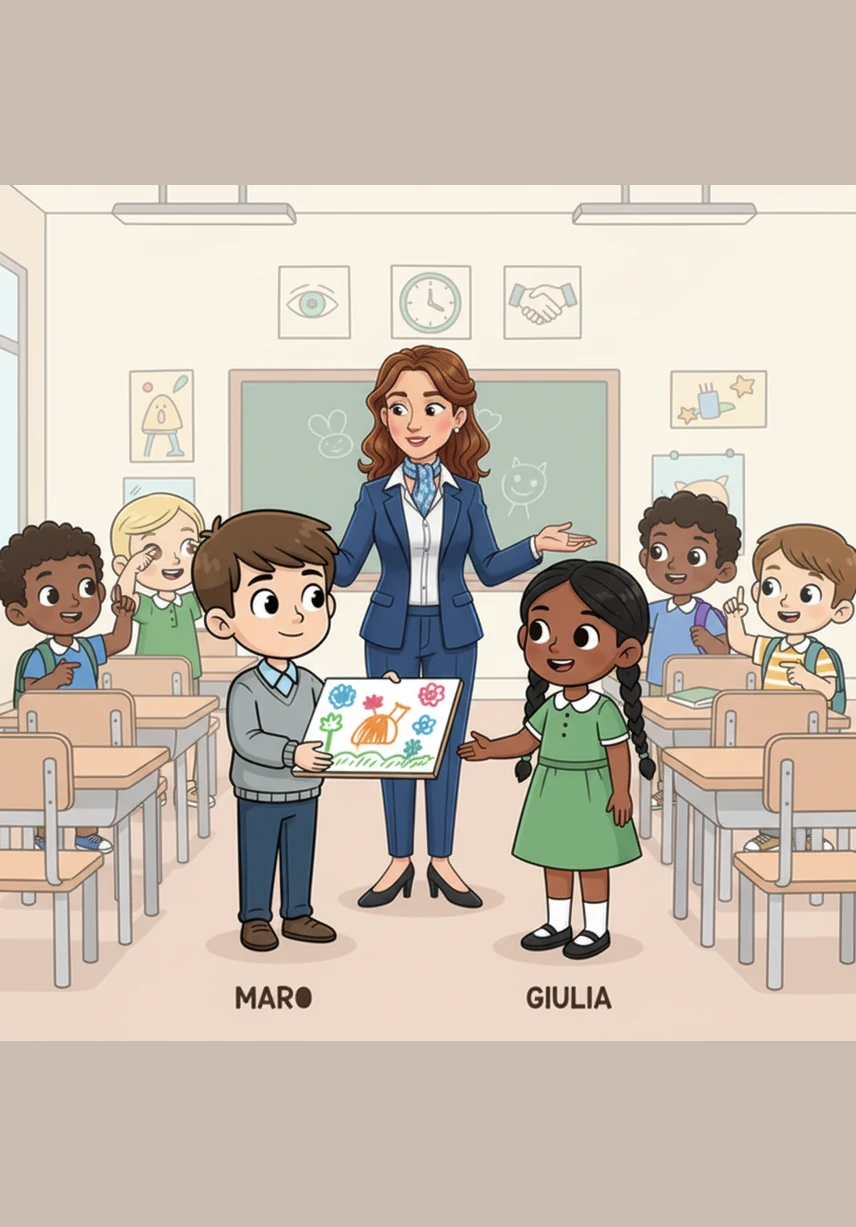 La dottoressa insegna a tutti le tre regole d'oro della condivisione: guardarsi negli occhi, aspettare il proprio turno e porgere la mano. Marco prova a mettere in pratica l'esercizio dando una tavola colorata alla sua amica Giulia, provando una nuova sensazione di calma.