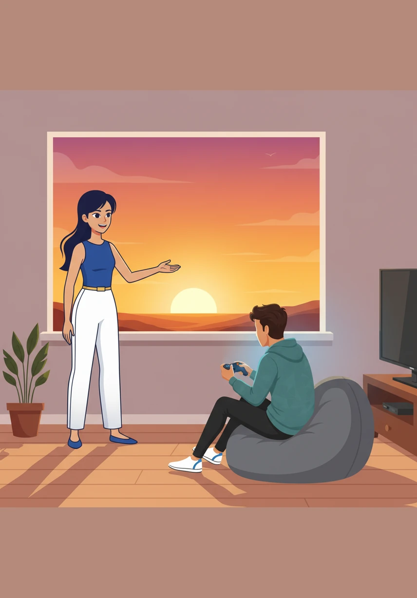 A magnificent golden sunset paints the sky in shades of pink and orange outside their living room window. Aditi gestures for Sushant to come and see the beauty, but he remains hunched over his controller, focused on a high-stakes mission.