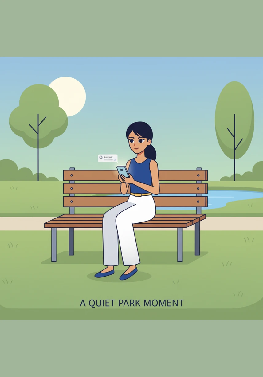Feeling like a ghost in her own home, Aditi puts on her coat and heads to the local park alone. She sits on a quiet bench watching other couples walk hand-in-hand, feeling a deep and heavy sense of longing.